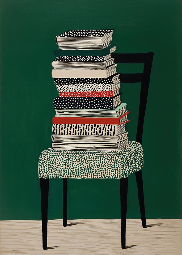Ein bunter Bücherstapel auf einem Stuhl vor grünem Hintergrund.-12