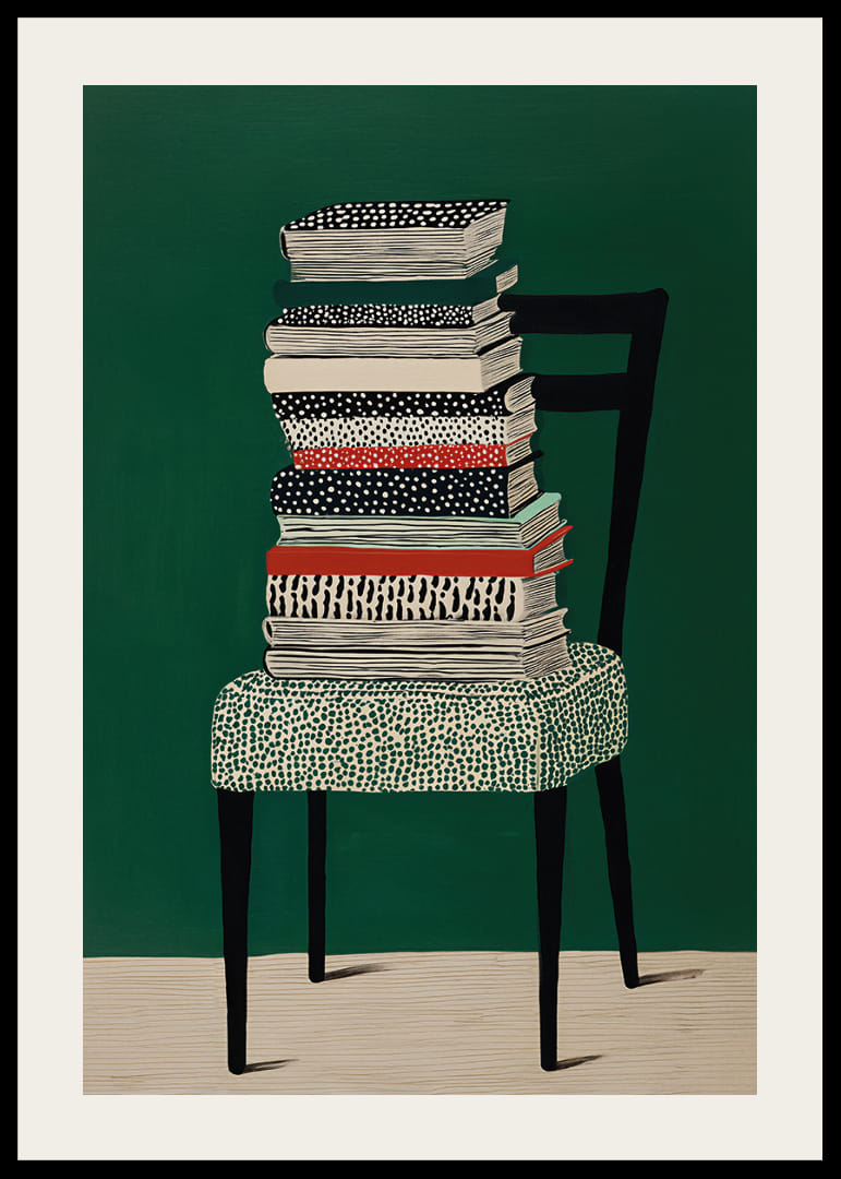 Pile de livres colorés sur une chaise, sur fond vert.-12