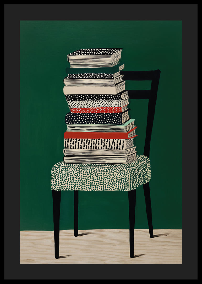Pile de livres colorés sur une chaise, sur fond vert.-12