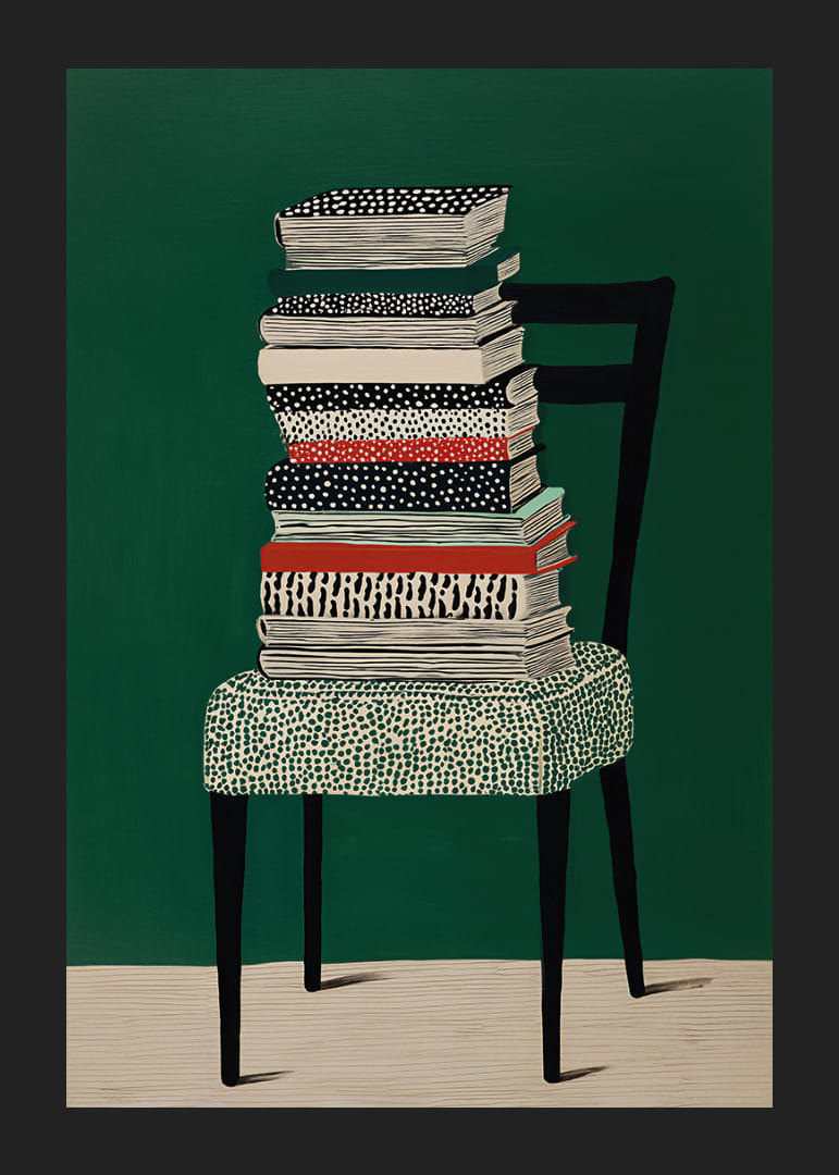 Pile de livres colorés sur une chaise, sur fond vert.-12