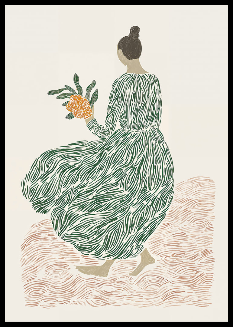 A woman in a green dress holds flowers on a dreamy background.-12