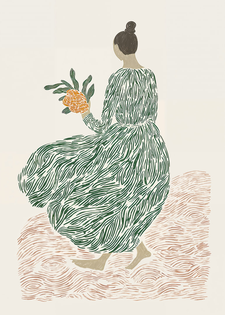 A woman in a green dress holds flowers on a dreamy background.-12