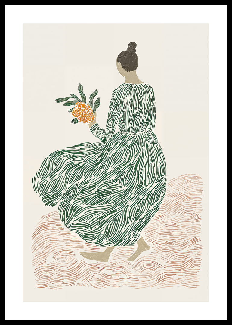 A woman in a green dress holds flowers on a dreamy background.-12