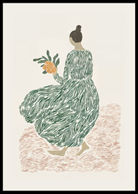 A woman in a green dress holds flowers on a dreamy background.-2