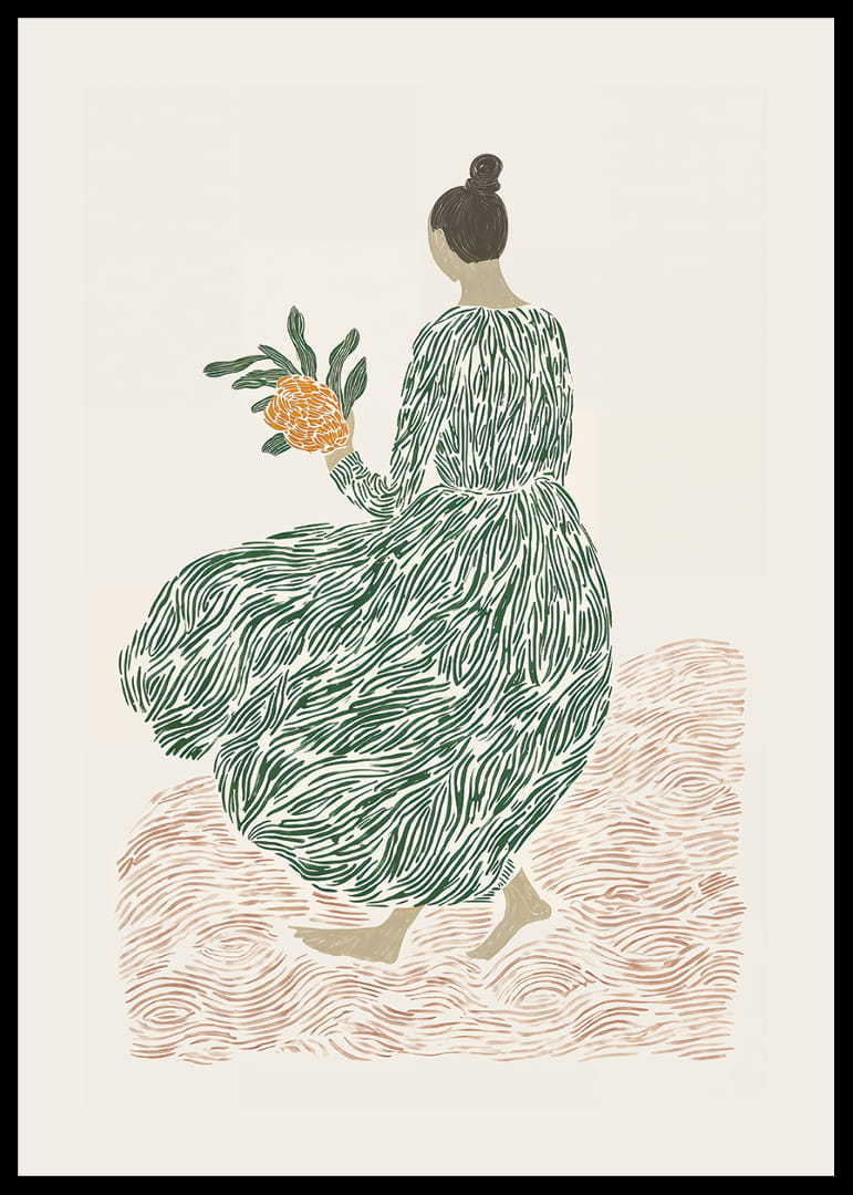 Une femme en robe verte tient des fleurs sur un fond onirique.-12