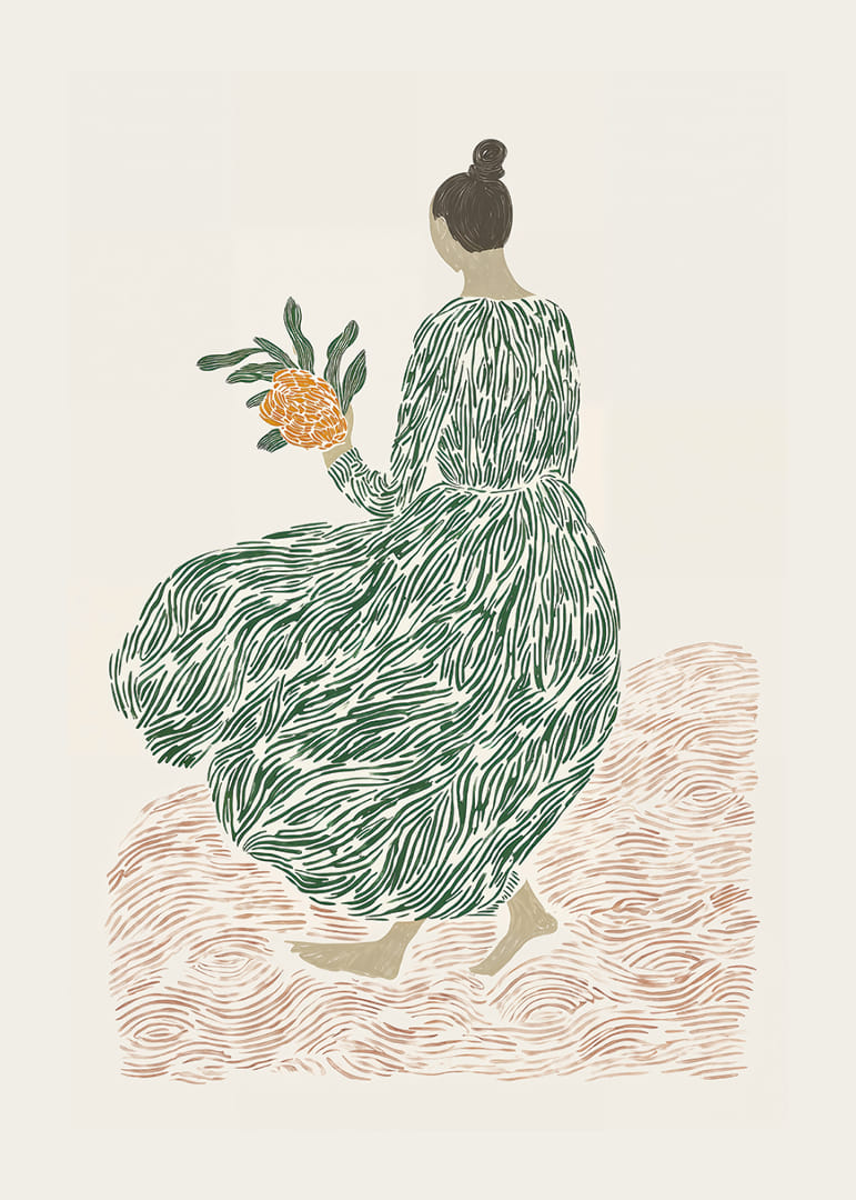 Une femme en robe verte tient des fleurs sur un fond onirique.-12