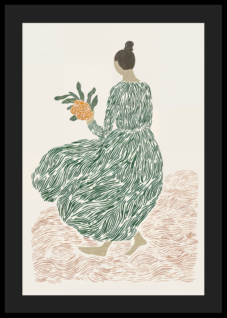 A woman in a green dress holds flowers on a dreamy background.-12