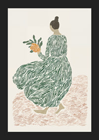 A woman in a green dress holds flowers on a dreamy background.-5