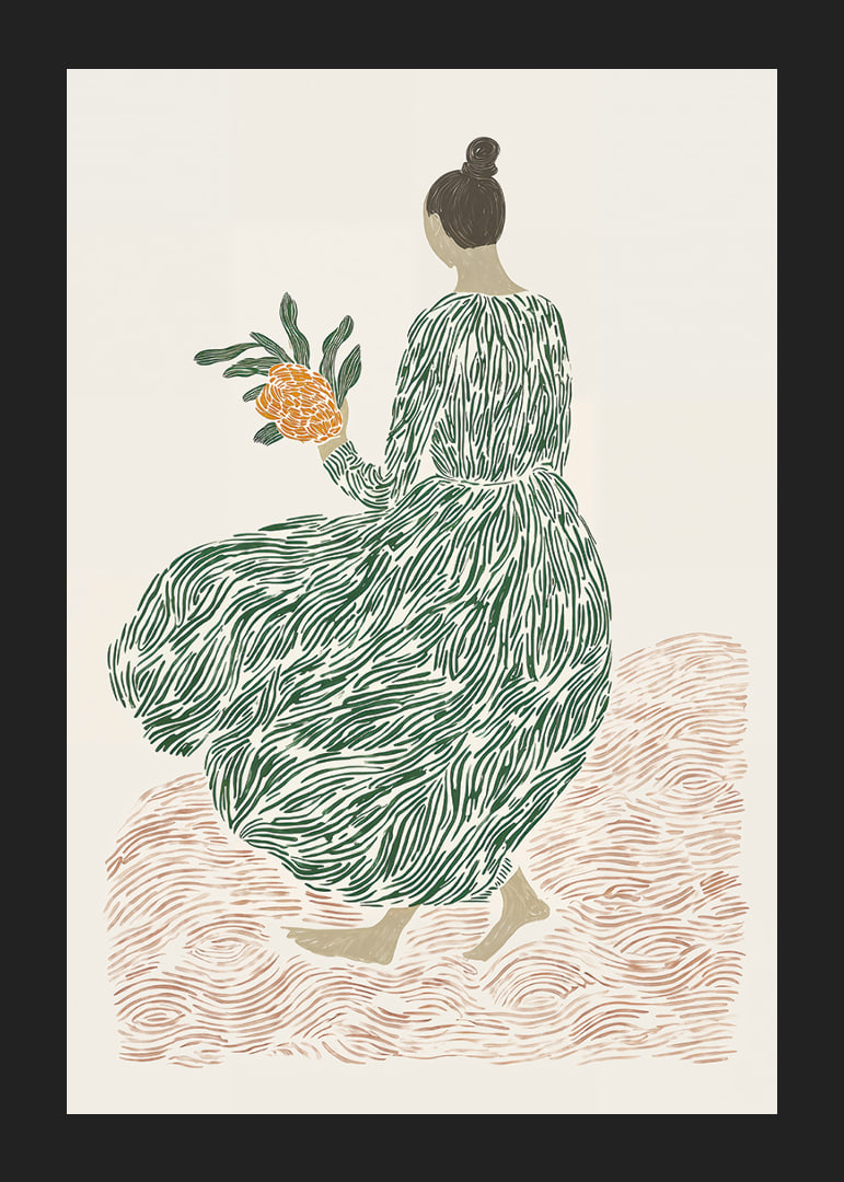 A woman in a green dress holds flowers on a dreamy background.-12