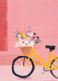 A yellow bicycle with flowers spreads a spring feeling.-7