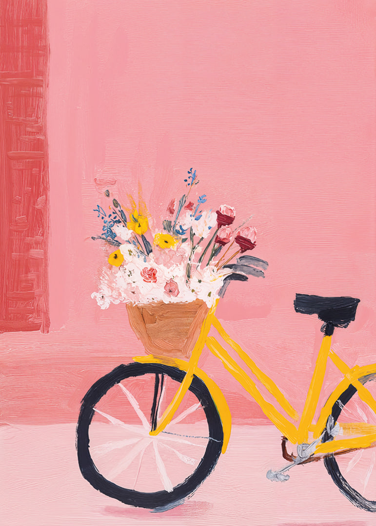 A yellow bicycle with flowers spreads a spring feeling.-12