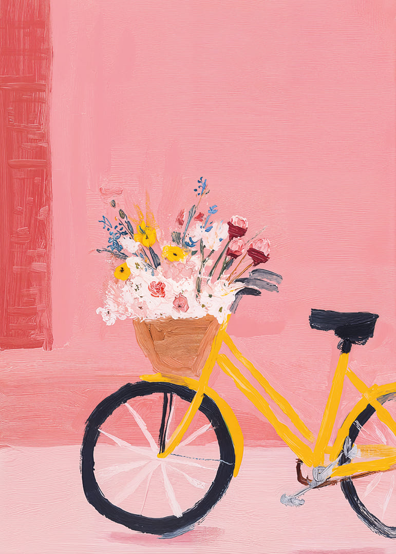 Een gele fiets met bloemen zorgt voor een lentegevoel.-12