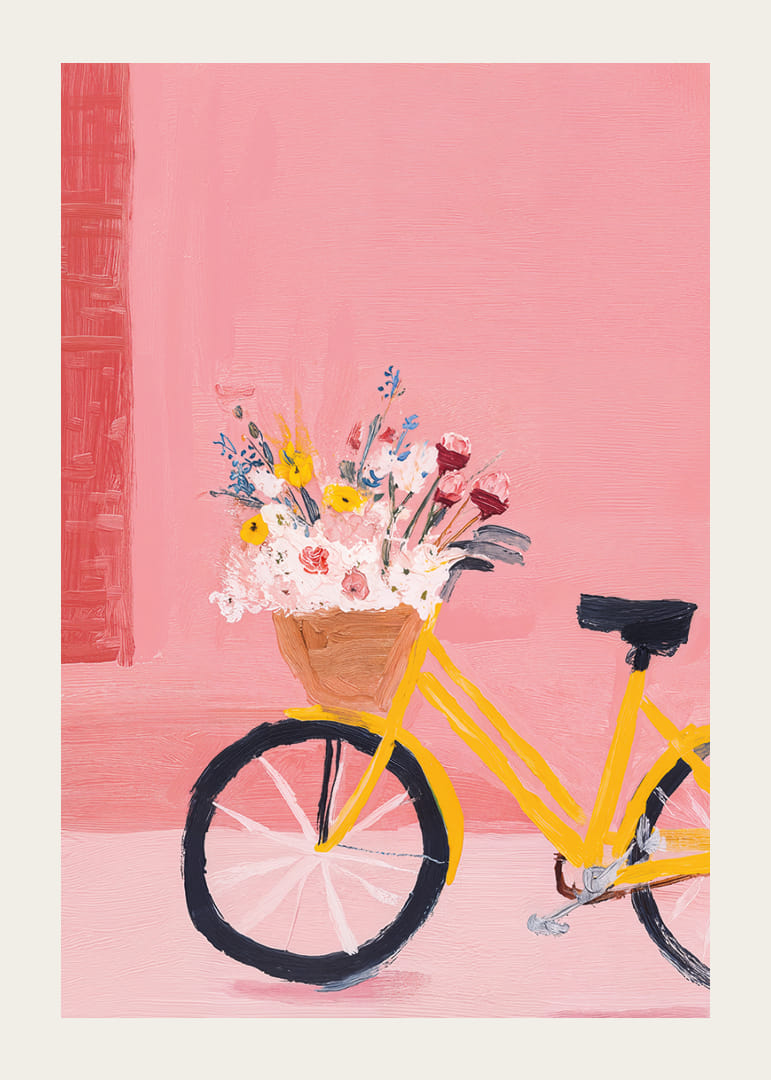A yellow bicycle with flowers spreads a spring feeling.-12