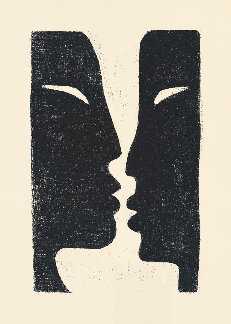 Zwei Gesichter im Gespräch, die einen dramatischen Kontrast bilden.-12