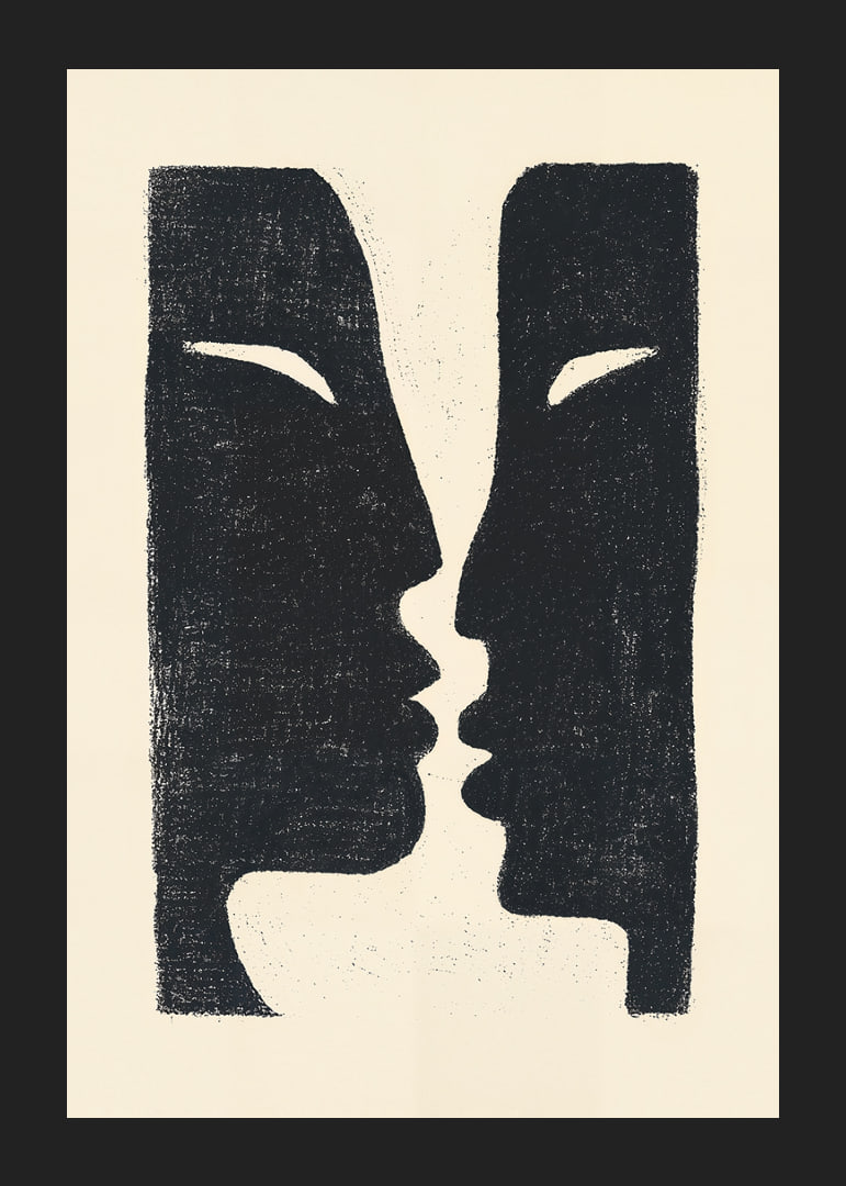 Two faces in conversation in dramatic contrast.-12