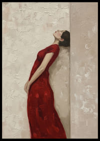 A woman in a red dress leans against a textured wall.-2