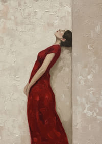 A woman in a red dress leans against a textured wall.-3