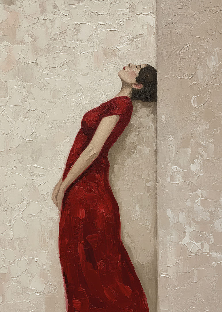 A woman in a red dress leans against a textured wall.-12