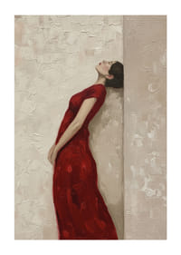 A woman in a red dress leans against a textured wall.-1