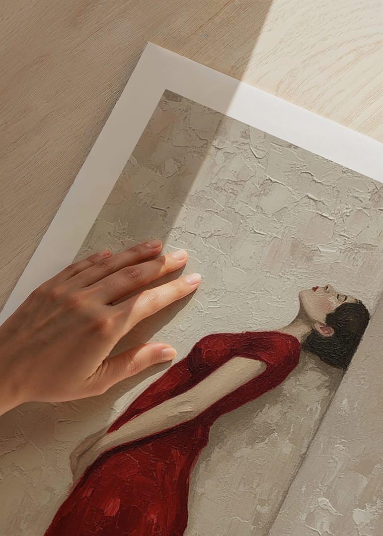 A woman in a red dress leans against a textured wall.-12