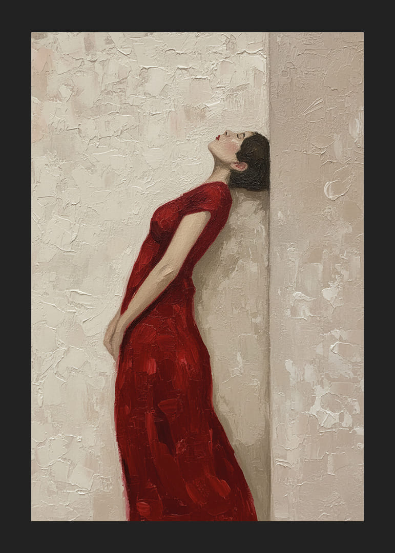 Une femme en robe rouge est appuyée contre un mur texturé.-12