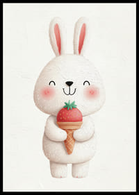 A rabbit with a strawberry ice cream smiles happily.-2