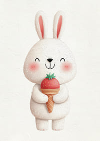 A rabbit with a strawberry ice cream smiles happily.-3