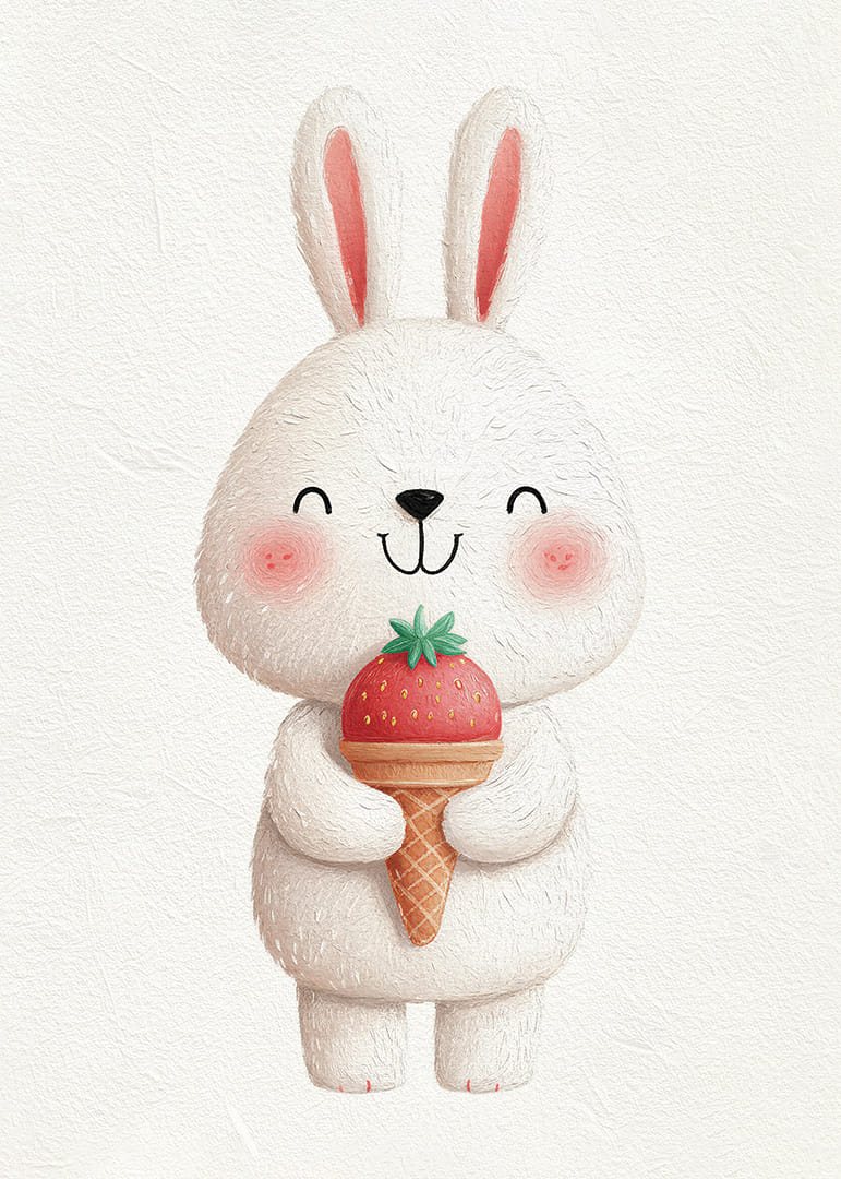 A rabbit with a strawberry ice cream smiles happily.-12