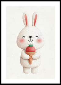 A rabbit with a strawberry ice cream smiles happily.-0
