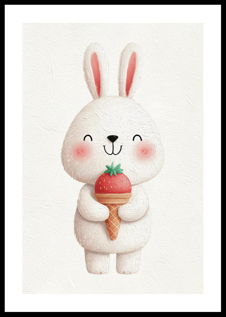 A rabbit with a strawberry ice cream smiles happily.-12
