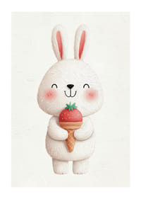 A rabbit with a strawberry ice cream smiles happily.-1