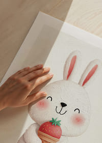 A rabbit with a strawberry ice cream smiles happily.-5