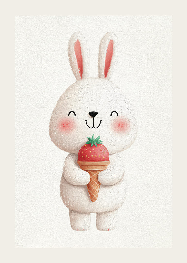 Un lapin avec une glace à la fraise sourit joyeusement.-12