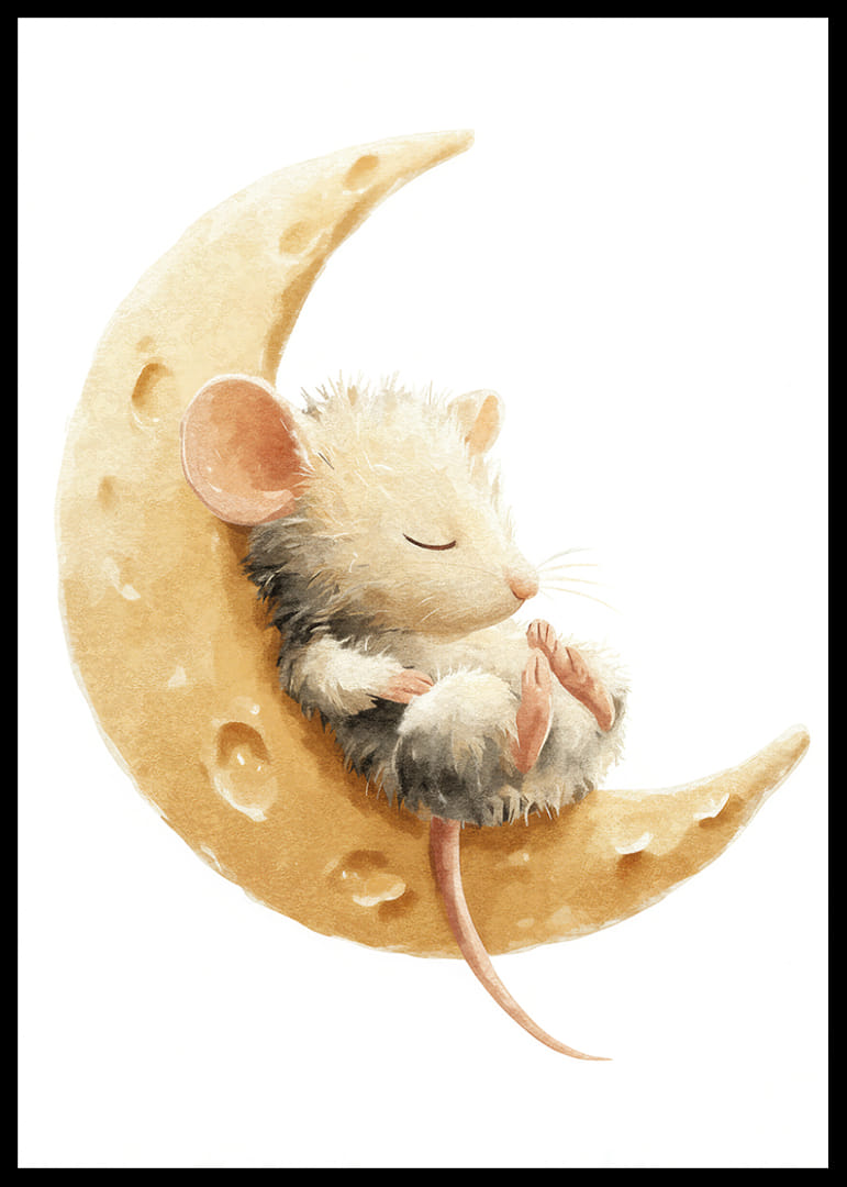 A cute mouse rests safely on a cheese moon, full of dreams.-12