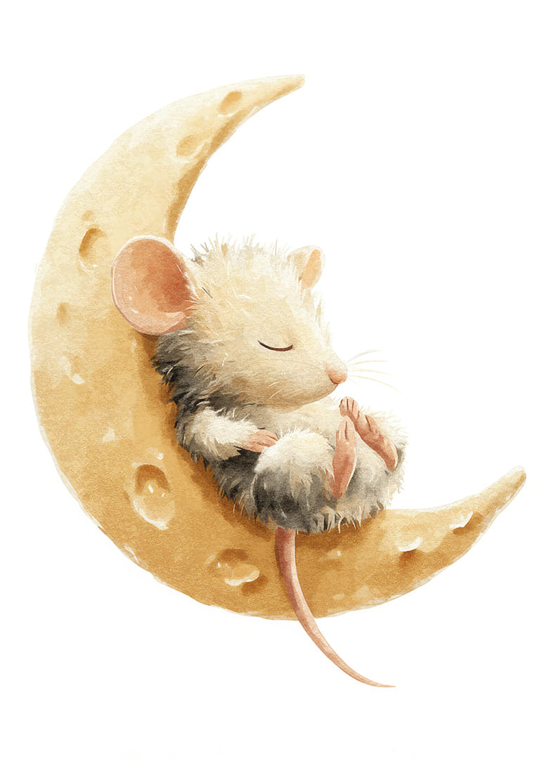 A cute mouse rests safely on a cheese moon, full of dreams.-12