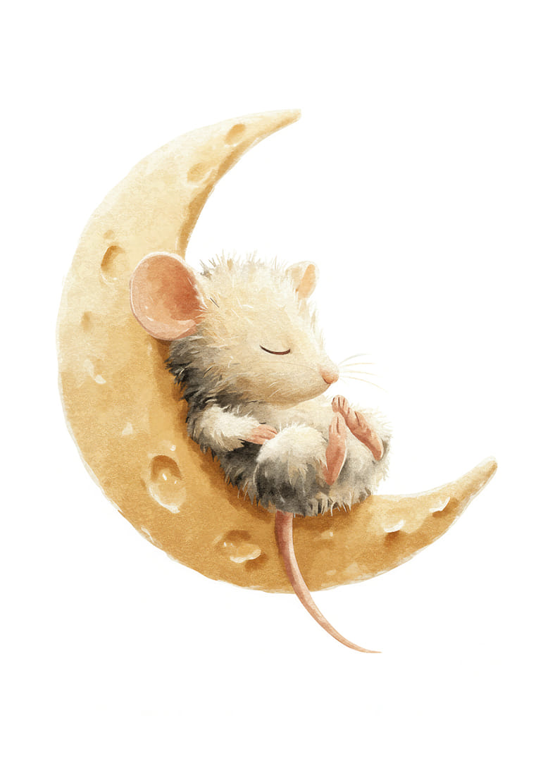 A cute mouse rests safely on a cheese moon, full of dreams.-12