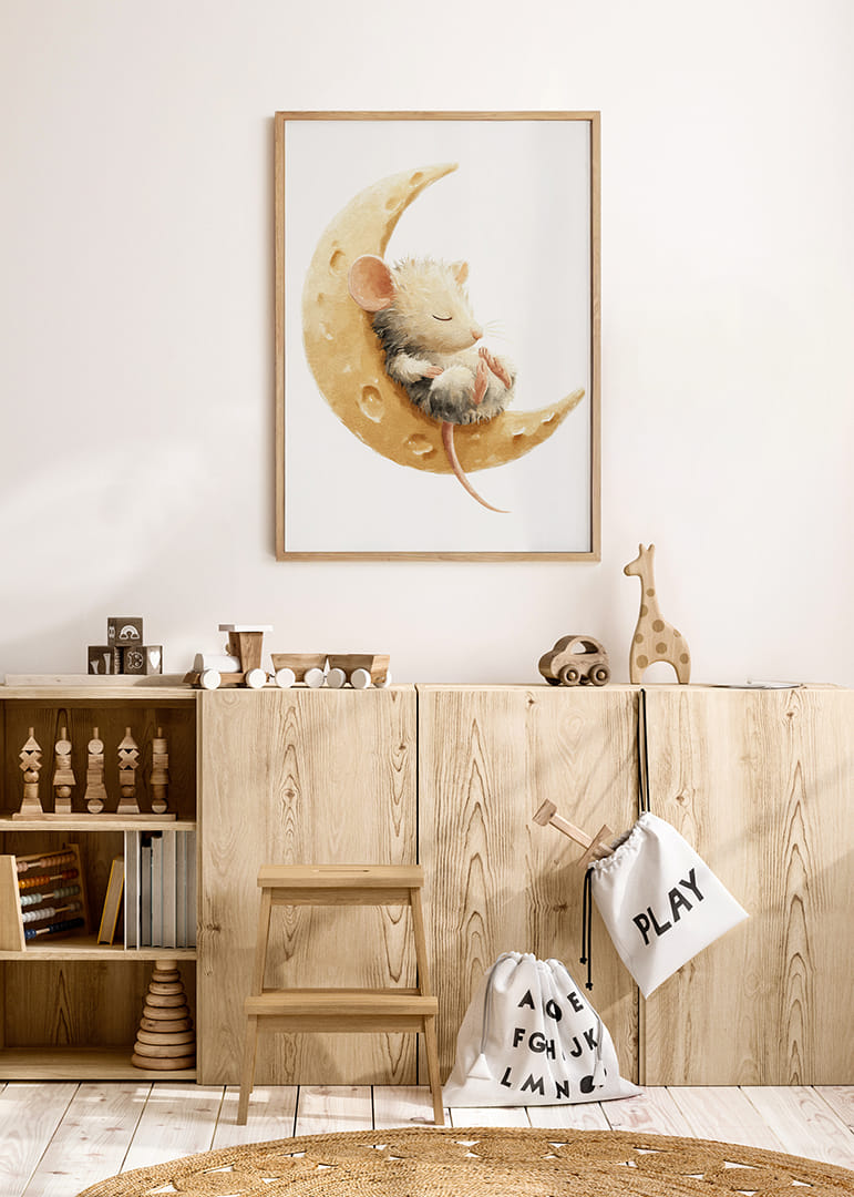 A cute mouse rests safely on a cheese moon, full of dreams.-12