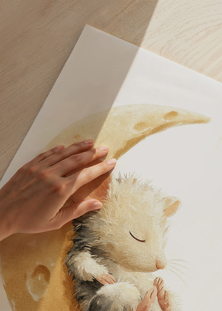 A cute mouse rests safely on a cheese moon, full of dreams.-12