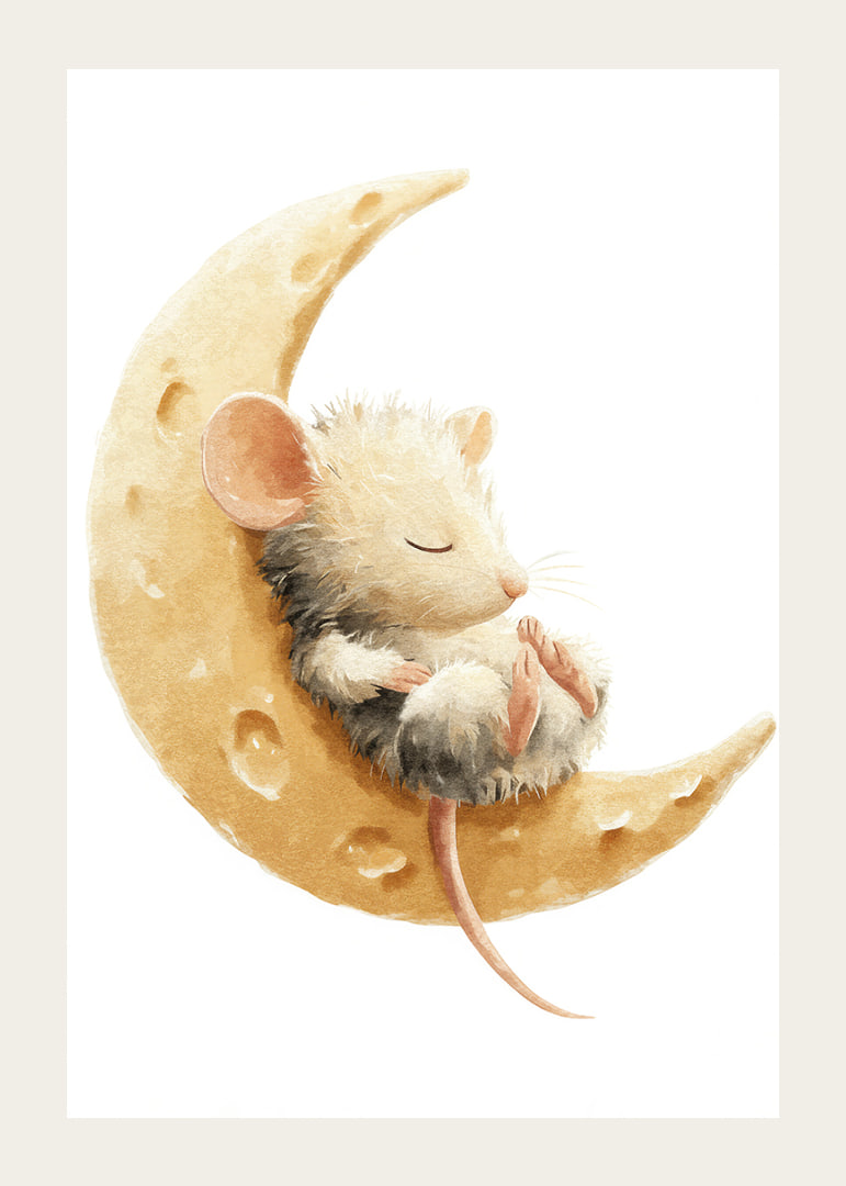 A cute mouse rests safely on a cheese moon, full of dreams.-12