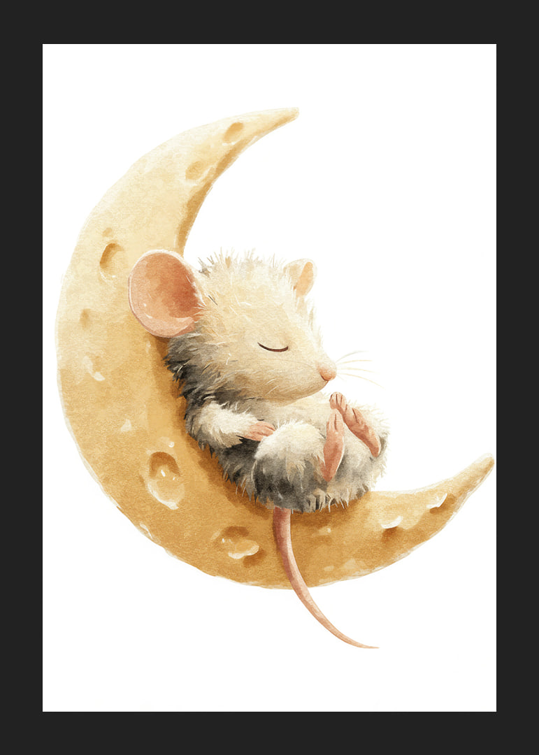 A cute mouse rests safely on a cheese moon, full of dreams.-12