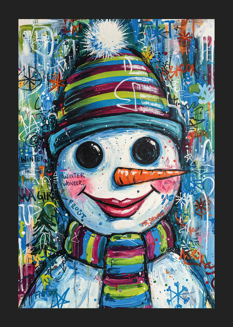 En färgsprakande snögubbe sprider vinterglädje.-12