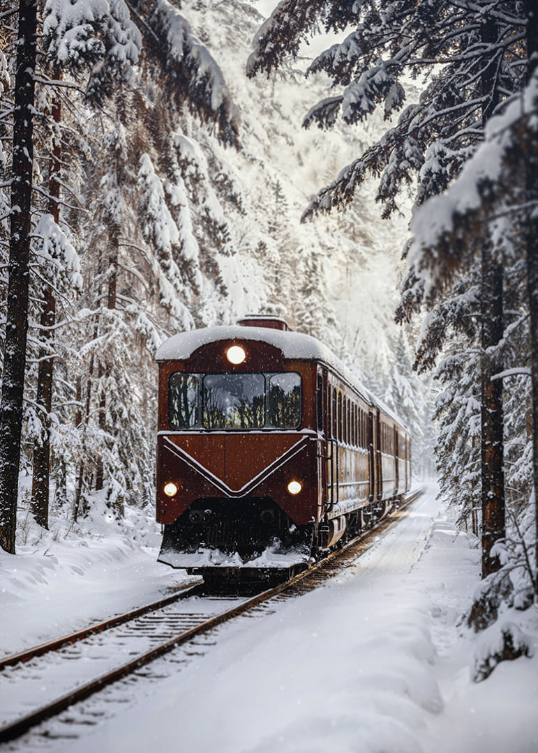 A train creates magic in the winter landscape.-12