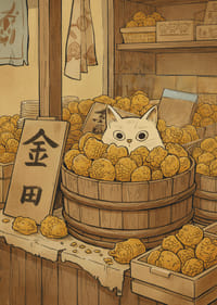 Um gato esconde-se entre frutos dourados, criando mistério.-3