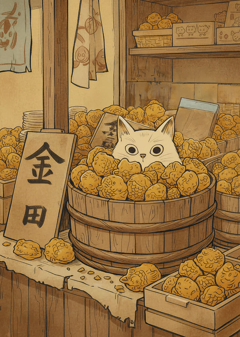 Um gato esconde-se entre frutos dourados, criando mistério.-12