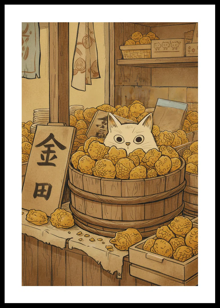 A cat hides among golden fruits, creating mystery.-12