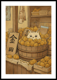 Um gato esconde-se entre frutos dourados, criando mistério.-0