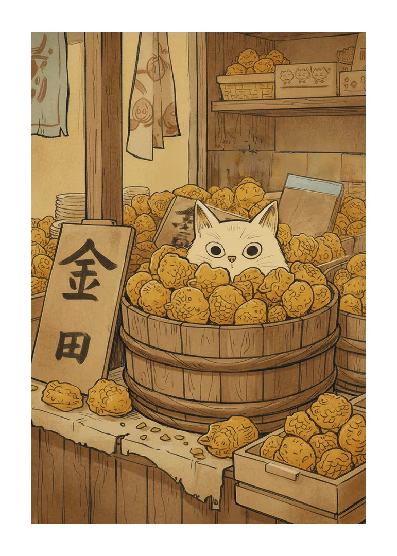 A cat hides among golden fruits, creating mystery.-12