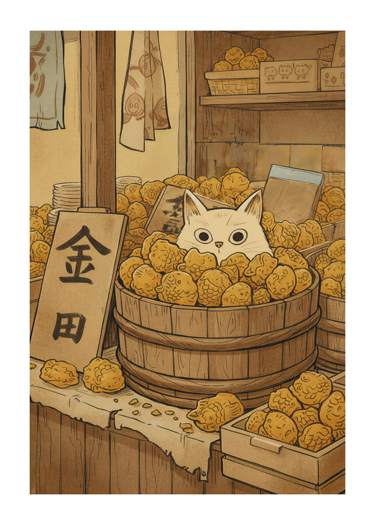 Um gato esconde-se entre frutos dourados, criando mistério.-12