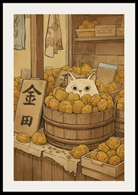A cat hides among golden fruits, creating mystery.-2