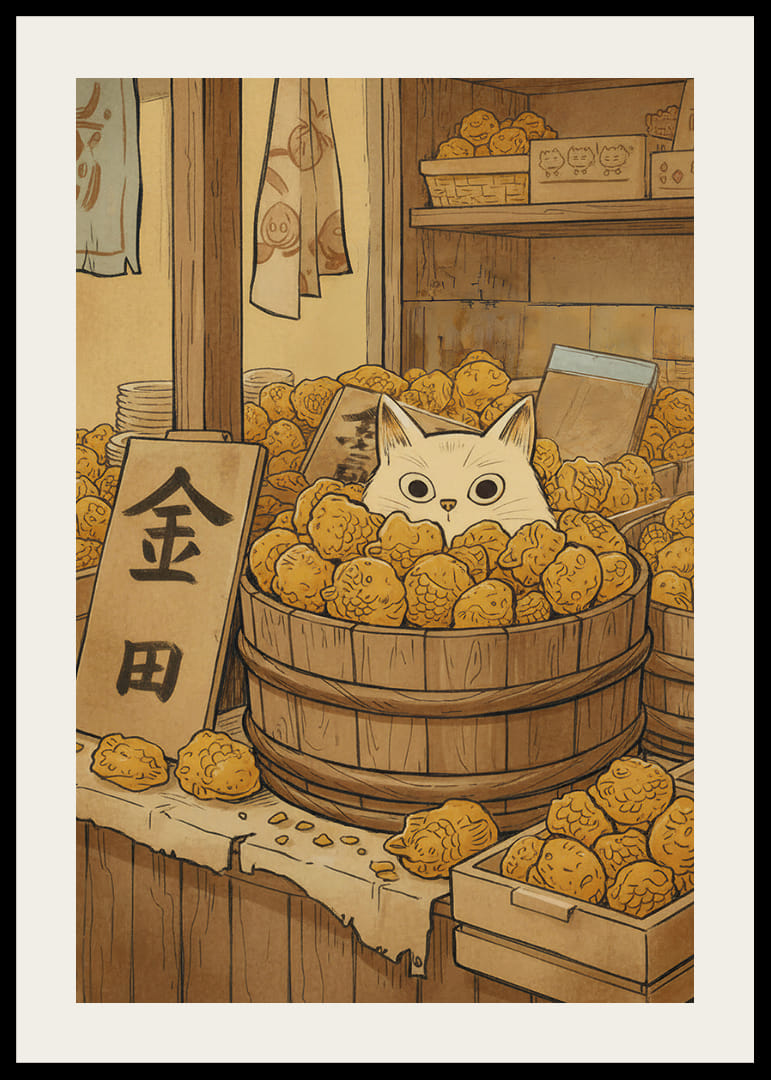 En katt gömmer sig bland gyllene frukter och skapar mystik.-12